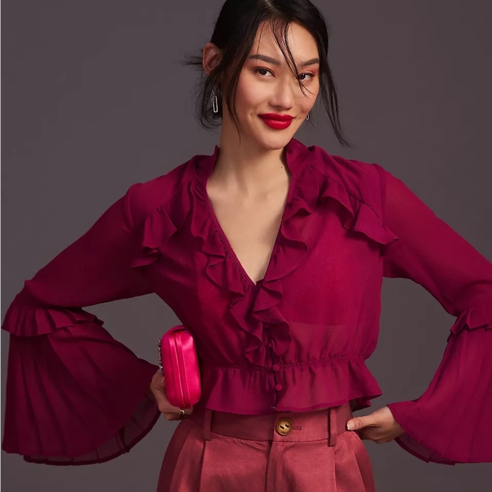 Anthro Dark Pink Cropped Blouse, Sz L